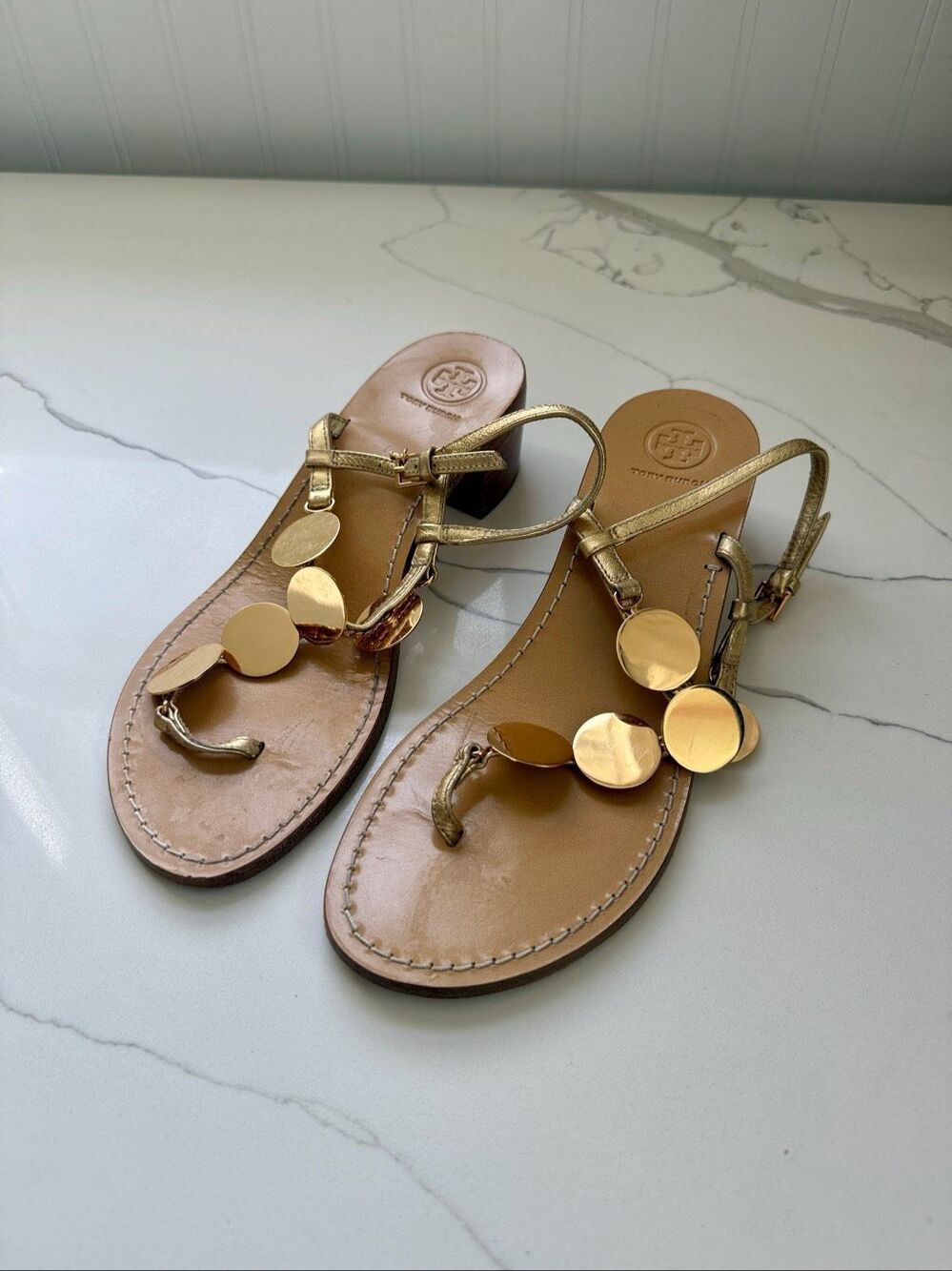 Tory Burch Gold and Tan Patos Heeled Sandal 7.5